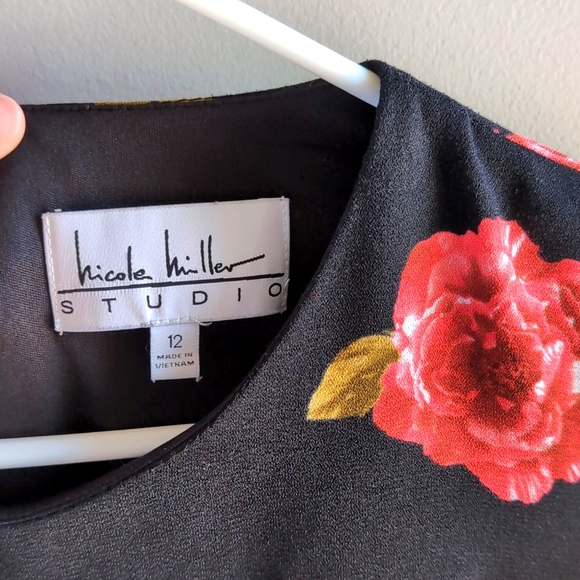 Nicole Miller Studio Women's Black Red Orange Floral Ruffle Long Sleeve Dress - Picture 7 of 16